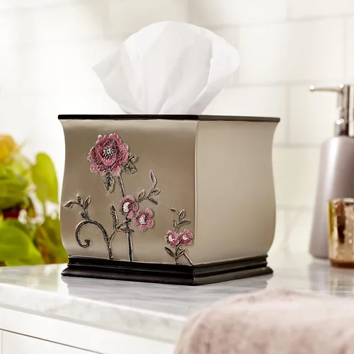 Miniatura 7 de Popular Bath Caja de pañuelos, colección Larrisa, diseño de rosas, marrón