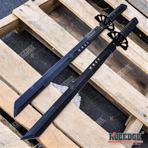 Miniatura 7 de Juego de 2 machetes Tanto Ninja Katana de espada doble de 28 pulgadas con funda de nailon + grabado negro chino en la edición Blade.