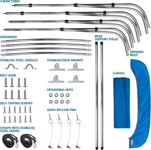Miniatura 6 de NEH - Bimini Tops de 4 lazos para barcos, postes de apoyo, lona marina 900D a prueba de decoloración, funda de almacenamiento universal para pontón