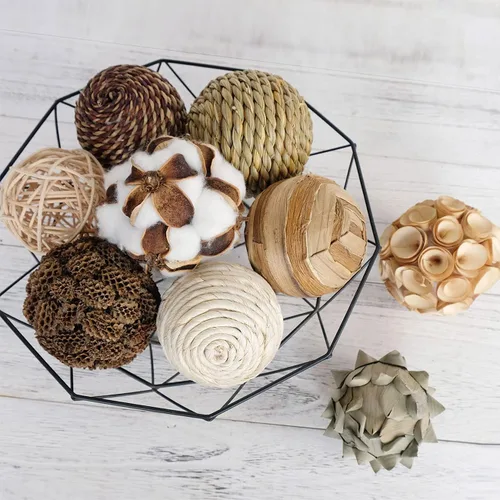 Bolas decorativas esféricas surtidas, 9 unidades, color marrón y blanco, bolas de algodón tejidas de ratán natural rústico para relleno de florero,