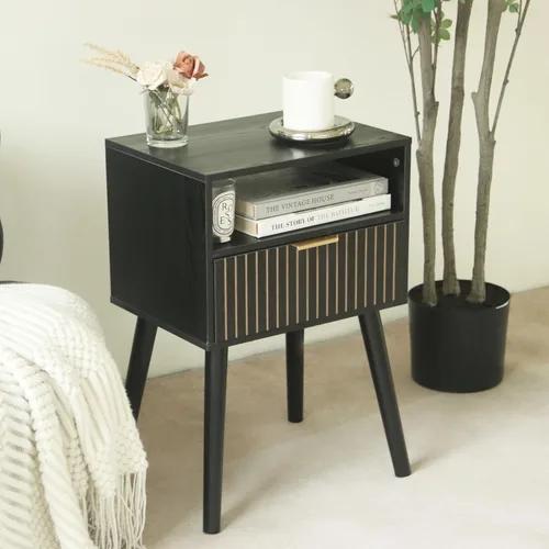 Miniatura 6 de MaxSmeo Mesita de noche negra con cajón, mesita de noche moderna de mediados de siglo con almacenamiento de estantes abiertos, mesa auxiliar