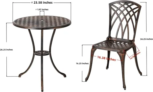 Miniatura 5 de Bistro - Juego de muebles de patio de aluminio fundido de 3 piezas, 2 sillas y 1 mesa redonda con agujero para sombrilla para exteriores, patio