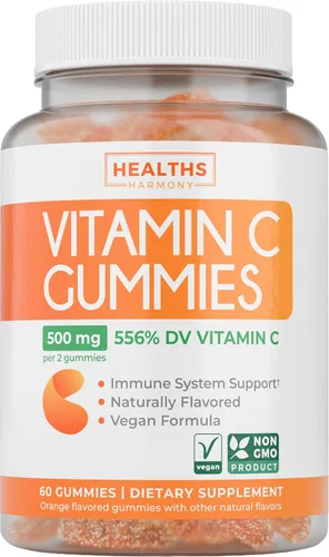 Gomas veganas de vitamina C para adultos - Gomitas de apoyo inmunológico con vitamina C masticable de 500mg por porción para el bienestar diario y