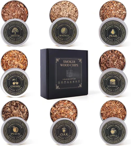 Chips de madera para ahumar cócteles y whisky, juego de repuesto de chips de madera de 8 sabores en latas de aluminio para kit de ahumador de