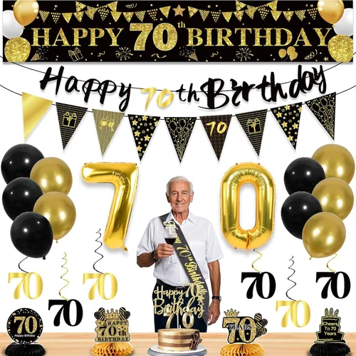 27 decoraciones de cumpleaños número 70 para hombres, decoraciones de fiesta de 70 años de color negro y dorado, pancarta de feliz cumpleaños 70 con