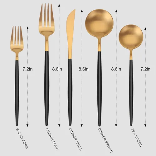 Miniatura 2 de Vanys - Juego de cubiertos dorados mate con mango negro, juego de cubiertos de acero inoxidable de 20 piezas, juego de utensilios de cocina para 4
