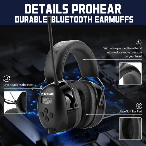Miniatura 6 de PROHEAR 033 2.0 Auriculares Bluetooth de Protección Auditiva con Radio AM/FM - Orejeras de Reducción de Ruido 31 SNR, Batería Recargable de 50