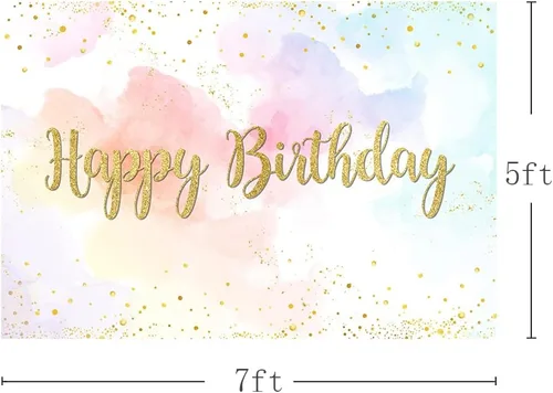 Miniatura 3 de MEHOFOND Telón de fondo de feliz cumpleaños de arcoíris pastel de 7 x 5 pies para niñas, fondo de acuarela de princesa, nube de colores dorados