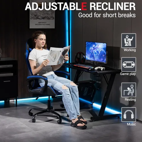Miniatura 6 de Silla gamer de piel sintética con masaje, para PC y videojuegos, con soporte lumbar para hombres y mujeres, para el hogar y la oficina, altura Azul