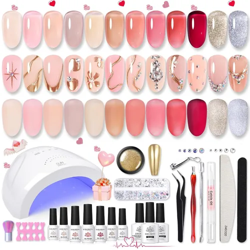 Born Pretty Kit de 28 esmaltes de uñas de gel de gelatina con lámpara de uñas UV de 48 W, 12 colores, rosa gelatina, nude, neutro, juego de esmalte