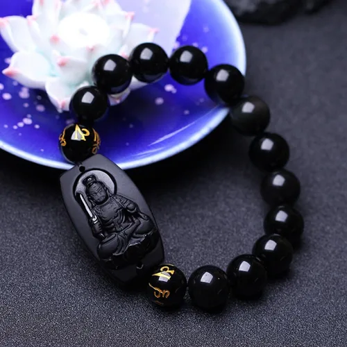 Miniatura 3 de 100% obsidiana natural pura inamovible Bodhisattva Buda pulsera pulsera