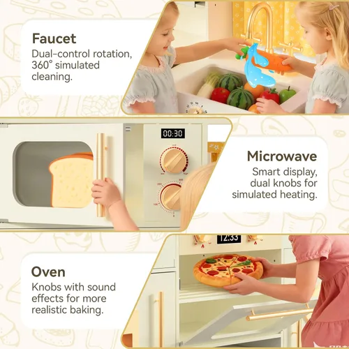 Miniatura 4 de Juego de cocina para niños pequeños con cajas de almacenamiento de fieltro y gancho de rango, juego de cocina de madera para niños con horno