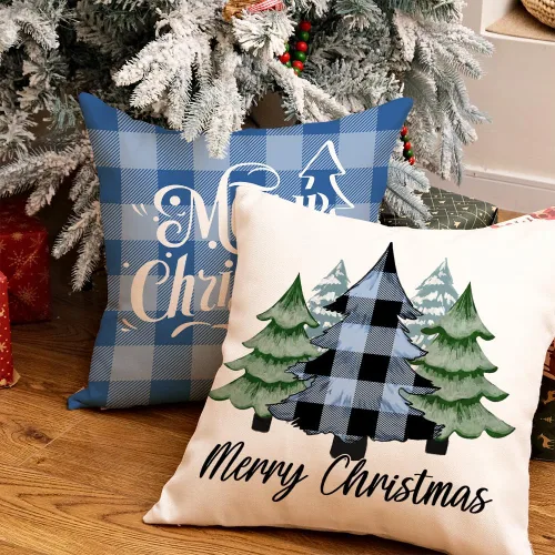 Miniatura 5 de GEEORY Fundas de Almohada Decorativas Feliz Navidad 16x16 Pulgadas Juego de 4, Árboles de Navidad Camión Cuadros Buffalo Azul Believe Estilo Granja