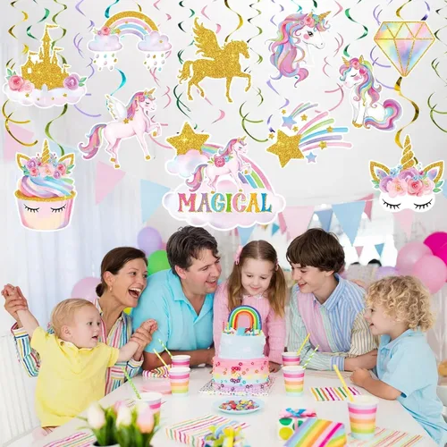 Miniatura 7 de Zonon 51 piezas de unicornio colgante de remolino, decoraciones de unicornio para fiesta de cumpleaños para niñas, suministros de fiesta