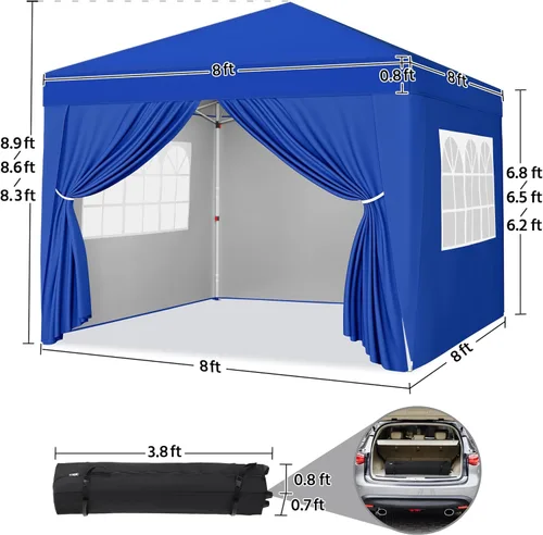 Miniatura 3 de Yaheetech Toldo desplegable de 8 x 8 con 4 paredes laterales extraíbles, tienda instantánea cerrada portátil, tienda de campaña impermeable para Azul