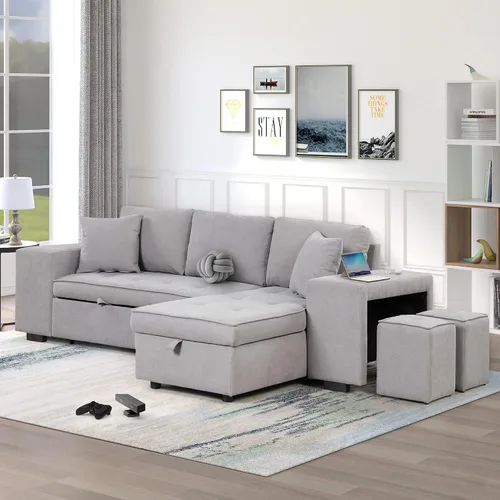 Miniatura 16 de Sofá cama modular de 104 pulgadas con diván convertible de almacenamiento y taburetes para sala de estar, moderno sofá cama extraíble de 3 asientos