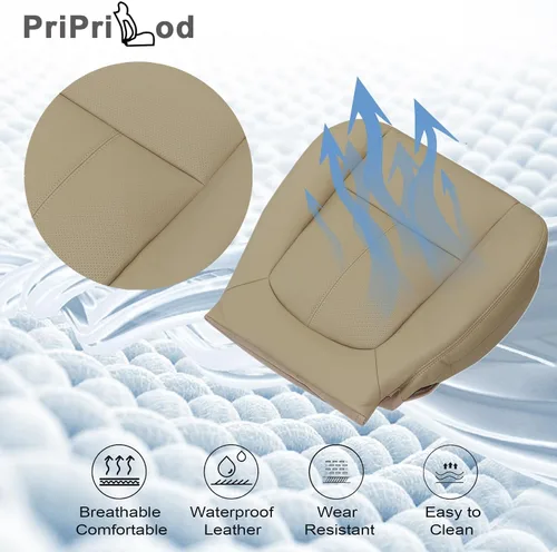 Miniatura 4 de Priprilod Funda de Asiento de Reemplazo de Microfibra de Cuero Perforada Color Marrón Claro para Conductor y Pasajero, con Respaldo Reclinable