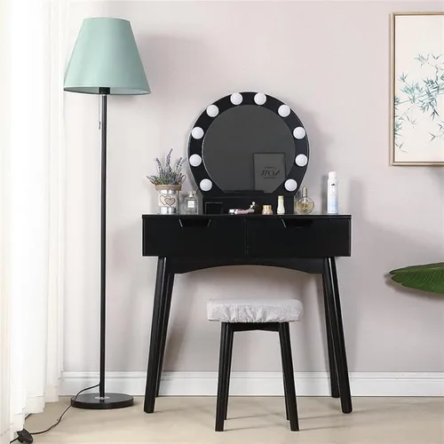 Miniatura 6 de Tocador, mesa de maquillaje, muebles de dormitorio, tocador con espejo LED con taburete de maquillaje, escritorio liso, tocador de maquillaje Negro
