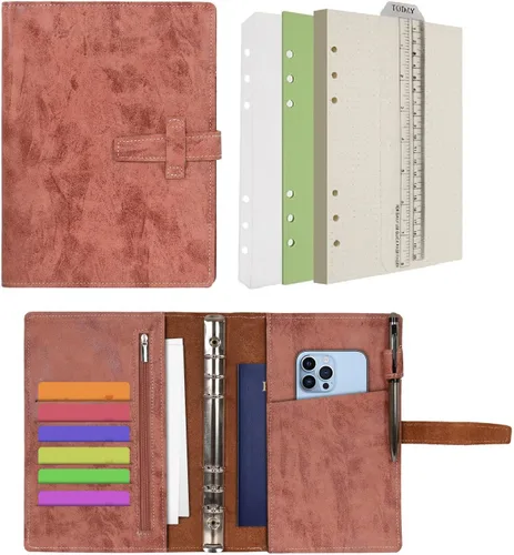 Miniatura 12 de Agenda de cuero Wonderpool A5, carpeta de cuaderno de escritura con papel punteado y cubierta con múltiples bolsillos para la escuela de negocios