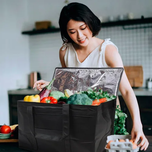Miniatura 8 de APQ Supply Bolsa de entrega de alimentos aislada negra, bolsas de comestibles aisladas con cierre superior, bolsa de catering para entregas
