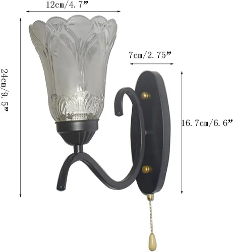 Miniatura 2 de Lámpara de pared con interruptor de cadena de tracción E27, lámpara de noche para dormitorio, sala de estar, pantalla de vidrio de metal, moderna