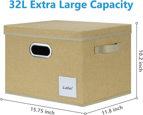Miniatura 3 de LHZK Contenedores de almacenamiento extra grandes con tapas, cajas de almacenamiento plegables de tela de lino para organización de clósets, 15.75 x