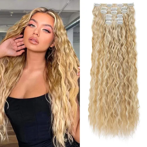 Miniatura 13 de Flufymooz - Extensiones de cabello con clip, 6 unidades, extensiones de cabello largas con ondas de sirena, sintético, postizo para mujer, 24 Marrón