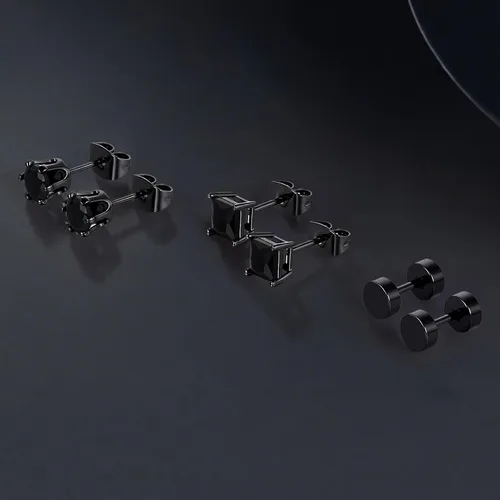 Miniatura 6 de 3 pares de aretes hipoalergénicos de circonita cúbica negra para hombres y mujeres, chapados en oro, cuadrados y redondos, aretes para orejas