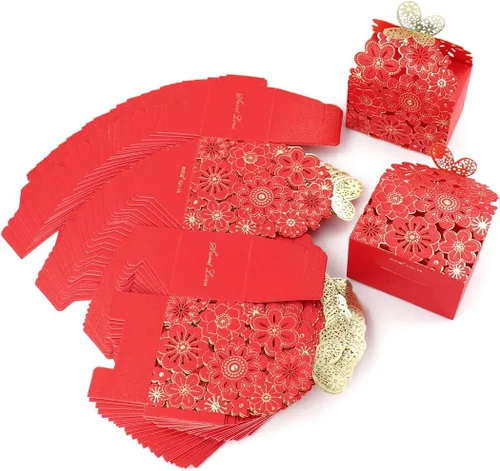 Miniatura 8 de Kslong 50 cajas de dulces huecas con diseño de flores y mariposas, cajas de regalo para galletas, regalos románticos de boda, bonita caja de Rojo