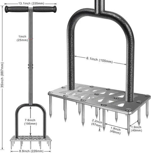 Miniatura 6 de Dolibest Aireador de césped, herramienta aireadora manual para césped con 15 picos de acero inoxidable, aireador de aire de césped con mango