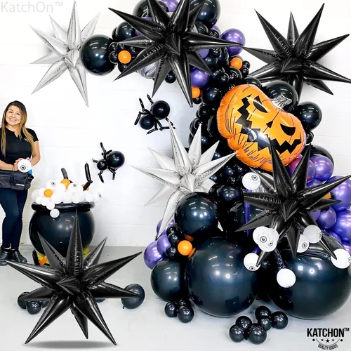 Miniatura 4 de KatchOn, Globos de punta negra con globos a cuadros blancos y negros, paquete de 62, globos negros con forma de estrella en explosión, suministros