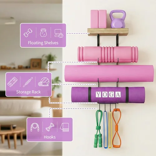 Miniatura 6 de Bikoney Soporte para Esterilla de Yoga Montaje en Pared Almacenamiento de Esterilla de Yoga Accesorios de Gimnasio en Casa con Estantes Flotantes