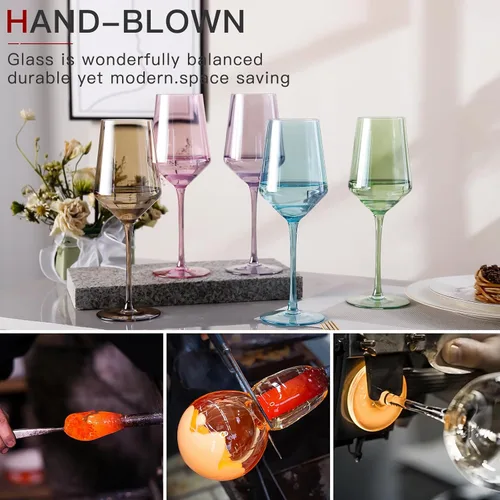 Miniatura 3 de comfit Juego de copas de vino de colores de 6 a 15 onzas sopladas a mano con tallo largo y borde delgado, copas de vino rojo/blanco, copas de vino