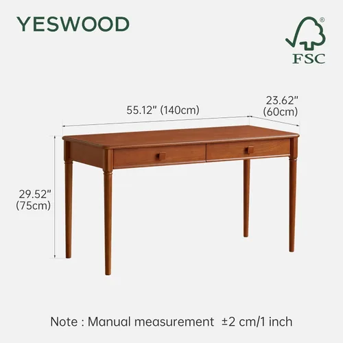 Miniatura 2 de YESWOOD Escritorio de madera maciza con cajones, escritorio de oficina moderno de mediados de siglo, escritorio de computadora con 2 cajones