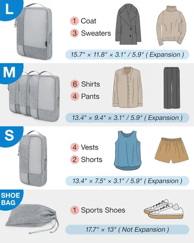 Miniatura 9 de BAGSMART Juego de 6 cubos de embalaje de compresión para maletas, cubos de viaje de compresión y organizador de maletas para empacar con bolsa