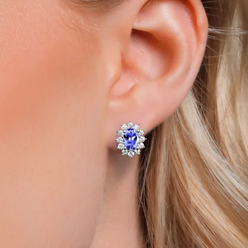 Miniatura 143 de Gem Stone King Aretes ovalados de plata de ley 925 de 0.276 x 0.197 in con piedra natal de la princesa Diana, estilo halo real para mujeres