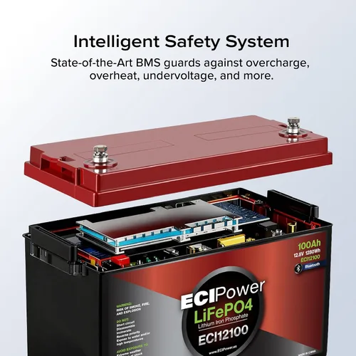 Miniatura 4 de Paquete de 2 baterías recargables ECI Power LiFePO4 de litio de 12 V 100 Ah Bluetooth 5000 ciclos de vida y 10 años de vida útil BMS integrado