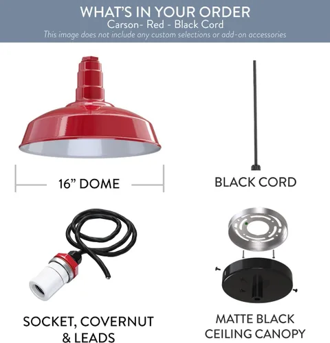 Miniatura 9 de Steel Lighting Co. Carson Barn Light Colgante montado en el techo Cúpula de 16 pulgadas Cable negro Luz de acero de estilo industrial Rojo