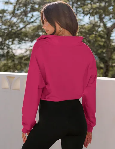 Miniatura 3 de MEROKEETY Sudadera corta con cremallera de un cuarto para mujer, manga larga, cuello alto, con cordón