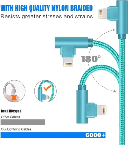 Miniatura 3 de SHUSEL Cable de carga para iPhone, cable Lightning de ángulo recto, paquete de 3 cables de carga trenzados de nailon de 90 grados y 6 pies, de carga