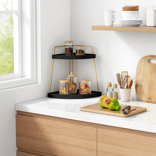 Miniatura 3 de Forbena Organizador de Rincón para Encimera de Baño en Negro y Oro, Organizador Moderno de Encimera de Cocina para Lavabo, Bandeja de Almacenamiento