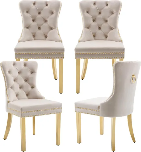Miniatura 20 de civama Juego de 2 sillas de comedor de la colección Nikki de terciopelo, tapizadas, modernas, de lujo, copetudas, con ribete de clavos, anillo Beige