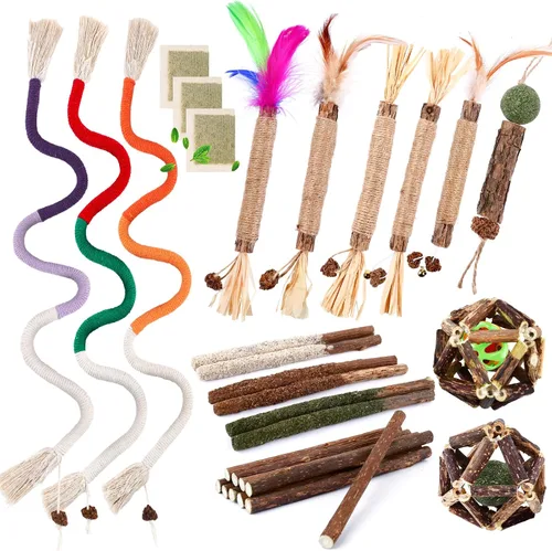 Miniatura 8 de WOUSEDO Juguetes masticables de zacate gatera para gatos, paquete de 24 juguetes para gatos con palos de Silvervine, bolas de jaula de Silvervine
