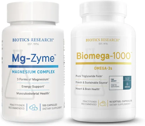 Biotics Research Mg-Zyme Complejo de Magnesio Triple para el sueño, la relajación y la salud ósea + Aceite de pescado Biomega-1000 Omega-3 para el