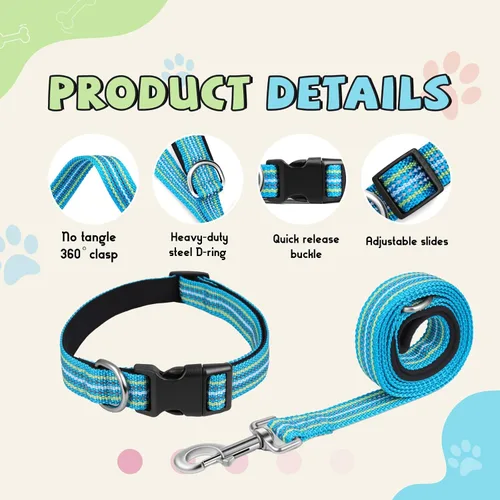 Miniatura 3 de Juego de collar y correa reflectante para perro, correa de nailon para perro con anillo en D de acero resistente, ajustable con hebilla de Cian