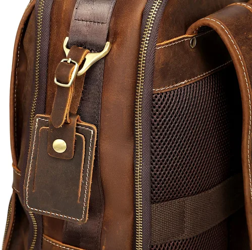 Miniatura 9 de LANNSYNE Mochila de cuero genuino vintage para hombres 15.6 pulgadas portátil bolsa de noche fin de semana camping mochila, Marrón, Mochilas