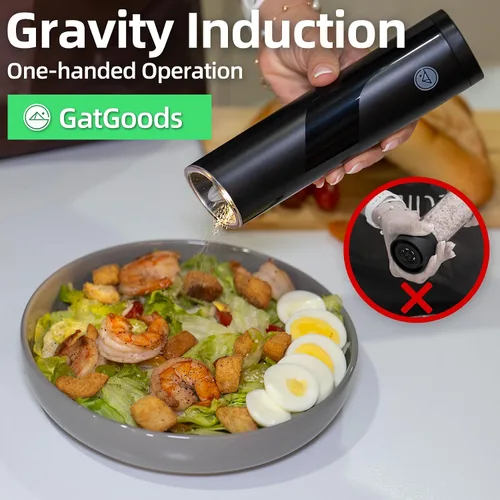 Miniatura 2 de GATGOODS Gravity - Juego de molinillo eléctrico de sal y pimienta, grosor ajustable, luz LED cálida, operación automática de una mano, funciona