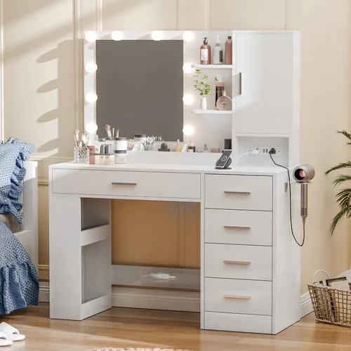 Miniatura 3 de Escritorio de maquillaje de 37 pulgadas con espejo y luces, mesa de tocador de maquillaje con 5 cajones, armario de almacenamiento grande y 4