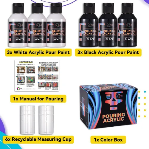 Miniatura 5 de OPHIR Total 22.8OZ Set de Pintura Acrílica para Verter, 3 Suministros de Pintura Acrílica Premezclada para Verter en Negro y 3 en Blanco, para Juego