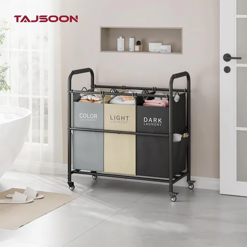 Miniatura 6 de Tajsoon Carrito clasificador de ropa sucia de 3 bolsas, cesta clasificadora de cestas de lavandería con ruedas resistentes con cerradura